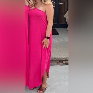 One shoulder pink dress size medium, very flowy so could fit many sizes